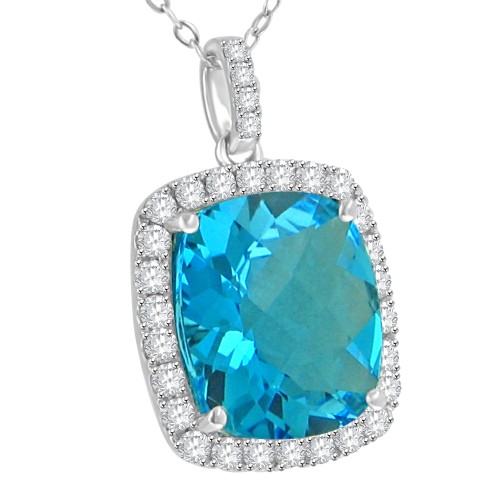 9.37 ct Blue Topaz Round Cut Diamond & Cushion Cut Pendant Necklace (G-H Color SI-2 I-1 Clarity) in 14 kt White Gold 9.37 ct Blue Topaz Round Cut Diamond & Cushion Cut Pendant Necklace (G-H Color SI-2 I-1 Clarity) in 14 kt White Gold