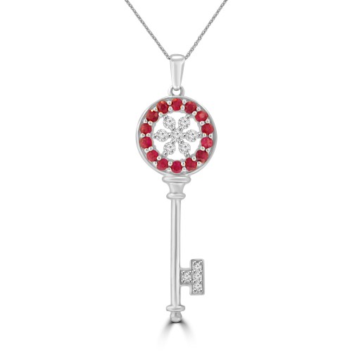 1.04 ct Round Cut Diamond & Ruby Pendant Necklace in 14k White Gold 1.04 ct Round Cut Diamond & Ruby Pendant Necklace in 14k White Gold