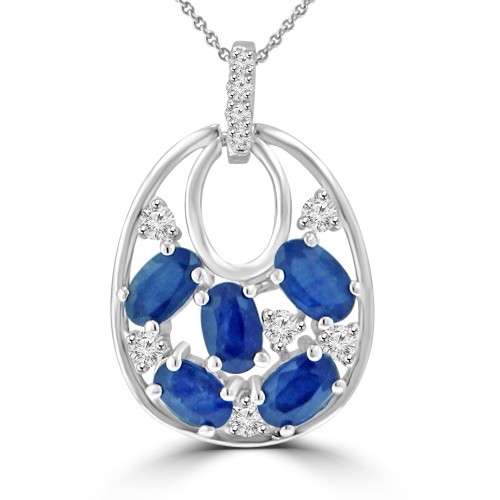 1.81 ct Round Cut Diamond & Oval Shaped Sapphire Pendant Necklace in 14k White Gold