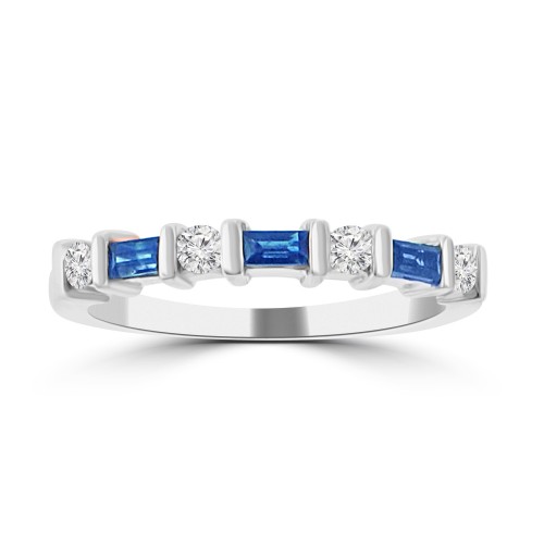 0.49 ct Round Cut Diamond & Blue Sapphire Wedding Band Ring in 14k White Gold 0.49 ct Round Cut Diamond & Blue Sapphire Wedding Band Ring in 14k White Gold