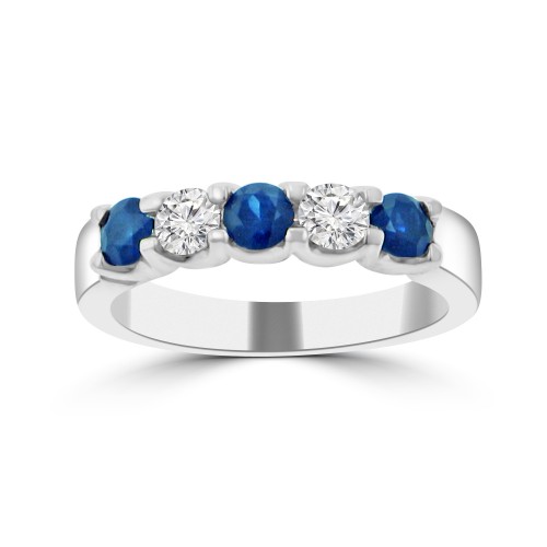 1.13 ct Round Cut Diamond & Blue Sapphire Wedding Band Ring in 14k White Gold
