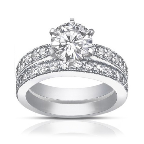 2.25 ct Round Cut Diamond Engagement Ring Set Whit Millgrain on The Shank 2.25 ct Round Cut Diamond Engagement Ring Set Whit Millgrain on The Shank