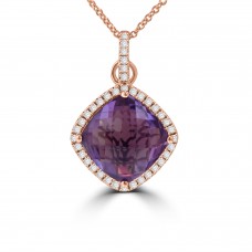 6.59 ct Cushion Cut Amethyst & Round Cut Diamond Pendant Necklace in 14 kt Rose Gold 6.59 ct Cushion Cut Amethyst & Round Cut Diamond Pendant Necklace in 14 kt Rose Gold