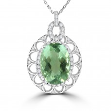 9.32 Ct Oval Cut Green Amethyst and Round Cut Diamond Pendent In 14 kt Gold 9.32 Ct Oval Cut Green Amethyst and Round Cut Diamond Pendent In 14 kt Gold