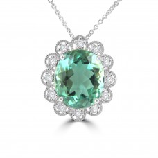 8.37 Ct Oval cut Green Prazolite and Round Cut Diamond Pendent In 14 kt White Gold 8.37 Ct Oval cut Green Prazolite and Round Cut Diamond Pendent In 14 kt White Gold