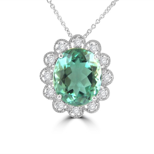 8.37 Ct Oval cut Green Prazolite and Round Cut Diamond Pendent In 14 kt White Gold 8.37 Ct Oval cut Green Prazolite and Round Cut Diamond Pendent In 14 kt White Gold