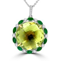21.51ct Round Diamond, Emerald, & Lime Quartz Pendant Necklace (G-H Color SI-1 Clarity) in 14 kt White Gold 21.51ct Round Diamond, Emerald, & Lime Quartz Pendant Necklace (G-H Color SI-1 Clarity) in 14 kt White Gold