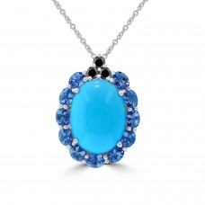 13.18 ct Oval Shaped Turquoise, Tanzanite and Black Diamond Pendant Necklace (G-H Color SI-2 I-1 Clarity) in 14 kt White Gold 13.18 ct Oval Shaped Turquoise, Tanzanite and Black Diamond Pendant Necklace (G-H Color SI-2 I-1 Clarity) in 14 kt White Gold