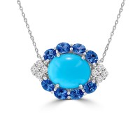 7.42 ct Oval Shaped Turquoise, Tanzanite and Diamonds Pendant Necklace (G-H Color SI-2 I-1 Clarity) in 14 kt White Gold 7.42 ct Oval Shaped Turquoise, Tanzanite and Diamonds Pendant Necklace (G-H Color SI-2 I-1 Clarity) in 14 kt White Gold