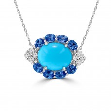 7.42 ct Oval Shaped Turquoise, Tanzanite and Diamonds Pendant Necklace (G-H Color SI-2 I-1 Clarity) in 14 kt White Gold 7.42 ct Oval Shaped Turquoise, Tanzanite and Diamonds Pendant Necklace (G-H Color SI-2 I-1 Clarity) in 14 kt White Gold
