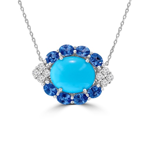 7.42 ct Oval Shaped Turquoise, Tanzanite and Diamonds Pendant Necklace (G-H Color SI-2 I-1 Clarity) in 14 kt White Gold 7.42 ct Oval Shaped Turquoise, Tanzanite and Diamonds Pendant Necklace (G-H Color SI-2 I-1 Clarity) in 14 kt White Gold