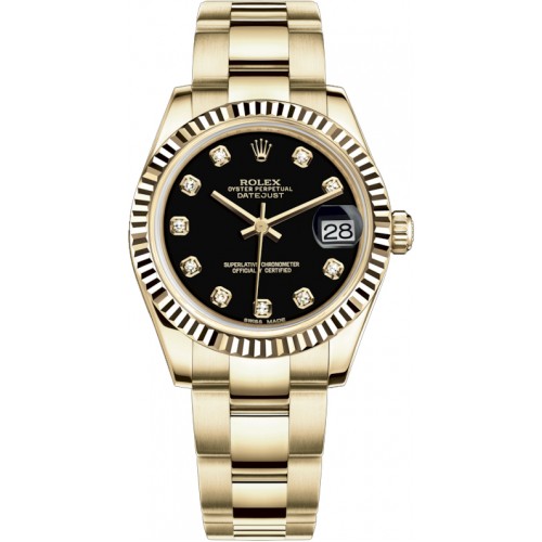 Rolex Datejust 31 Black Diamond Solid Gold Watch 178278-BLKDO