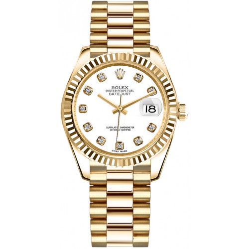 Rolex Datejust 31 White Diamond President Bracelet Gold Watch 178278-WHTDP