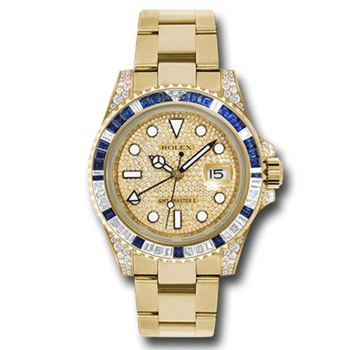 Rolex GMT Master II 18k Yellow Gold Mens Watch with diamonds 116759SA pave